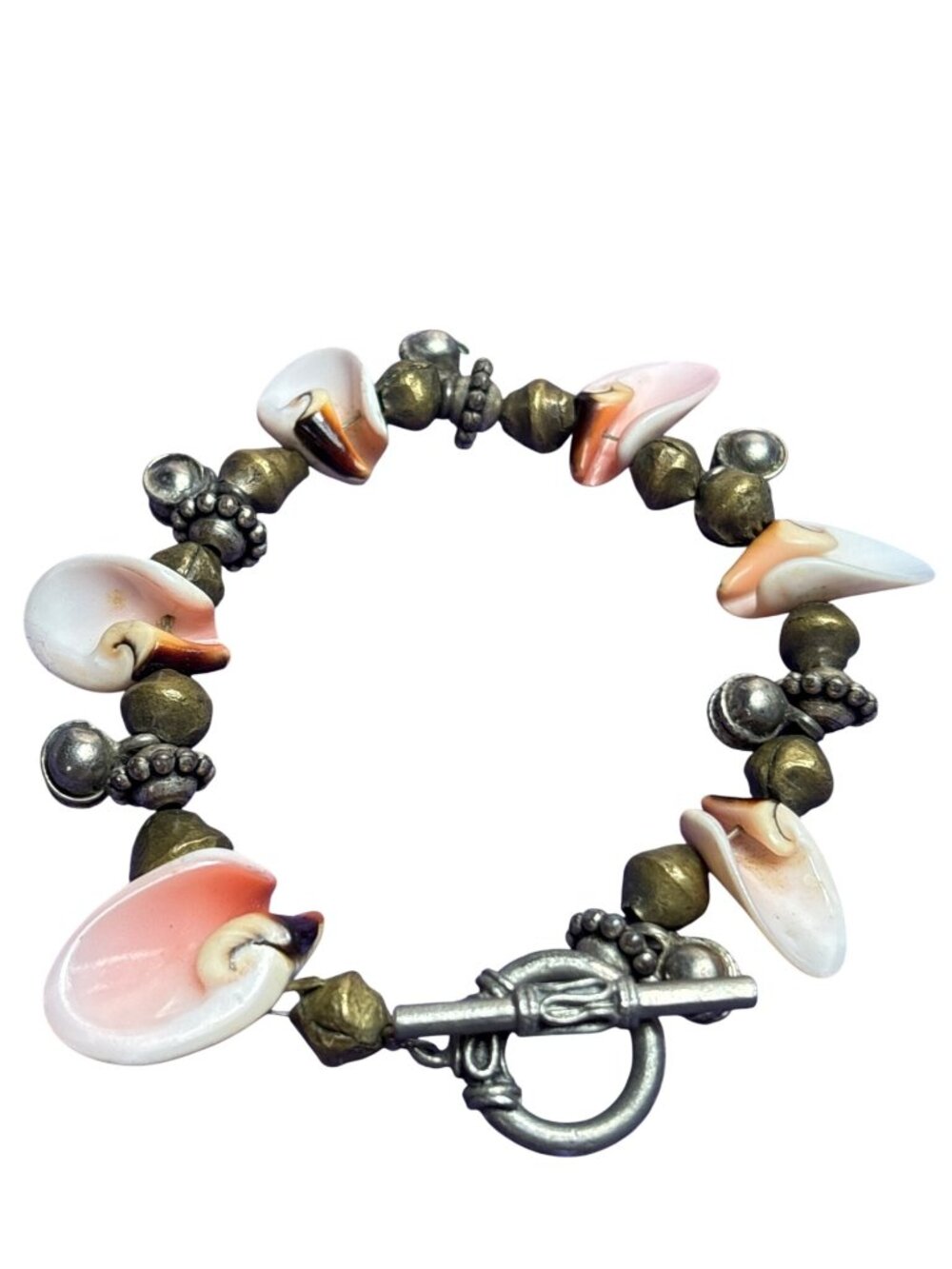 Shell and 2 Tone Metal Bracelet Toggle Clasp 7 inches Long